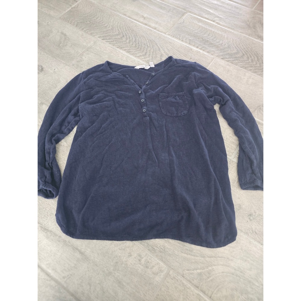 Athleta Navy Blue 100% Linen Long Sleeve Henley Top Small